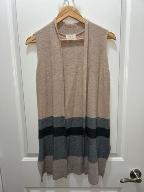 LOFT Beige Sleeveless Open Cardigan Vest with Gray and Black Stripes